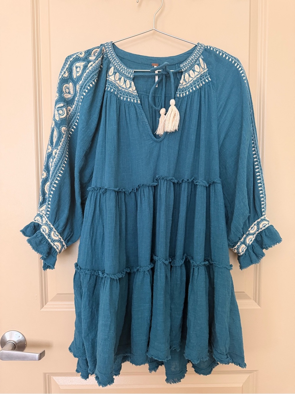 Free People Teal Tiered Embroidered Tassel Dress